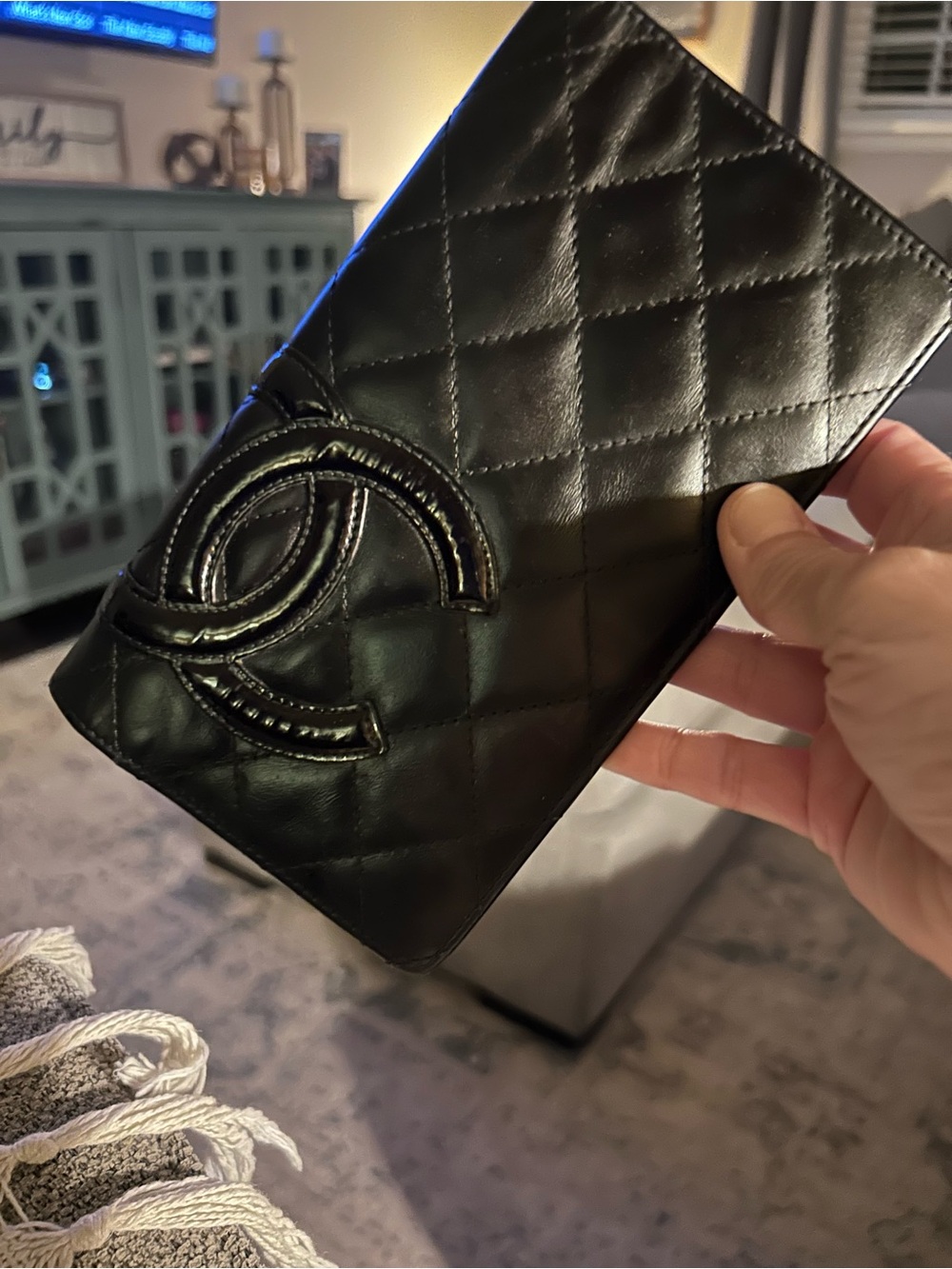 RARE CHANEL Black Quilted Leather Logo Wallet w/Neon Orange Liner